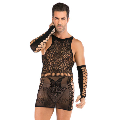 Men's Plus Size One-piece Sexy Net Dress Stockings Sexy Bodysuit