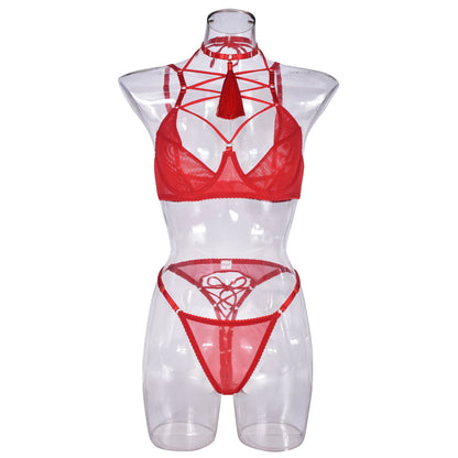 Polyester Lingerie Lace-up Push-up Hollow Dew Mesh Neck Ring Pendant Three-piece Set