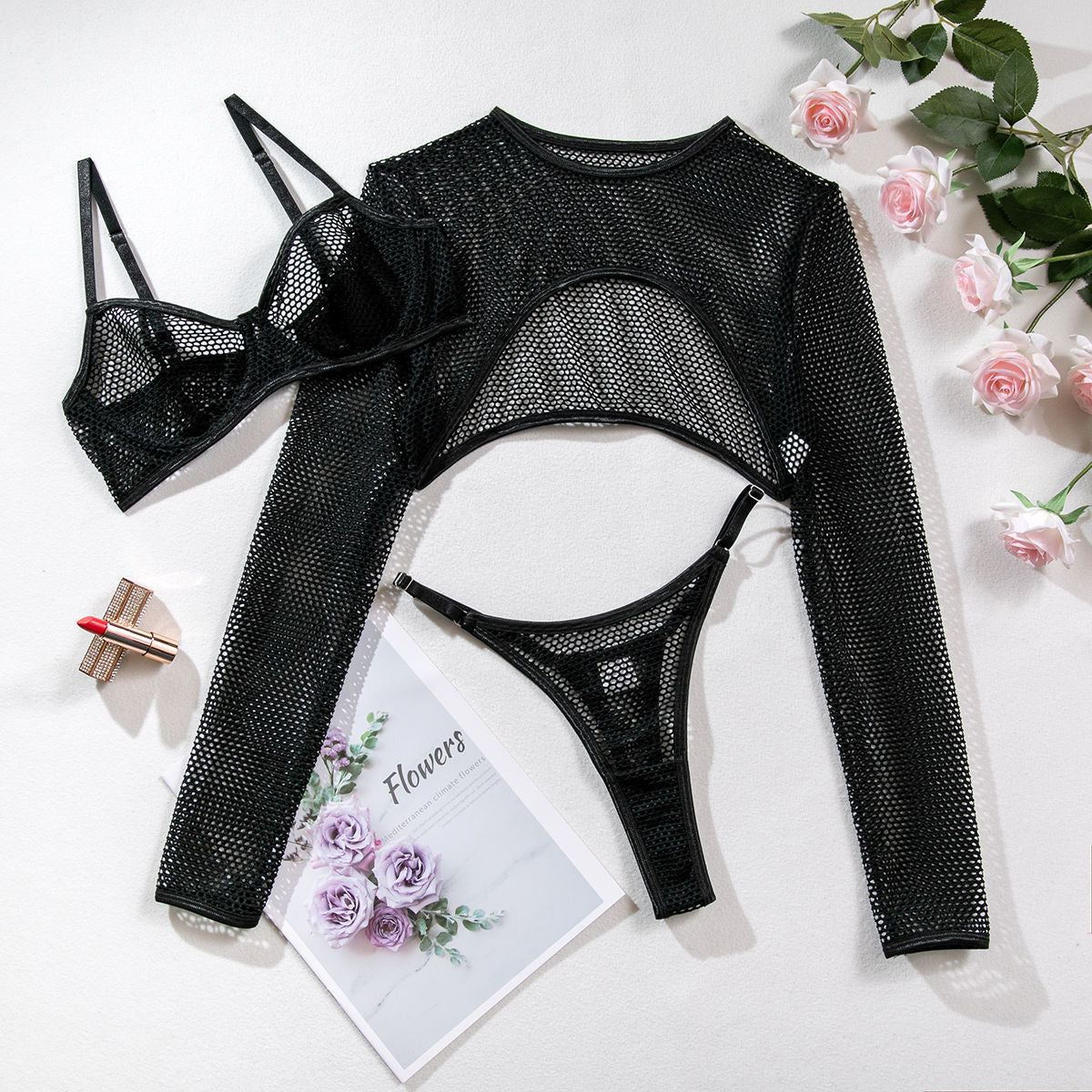 Long Sleeve Blouse Mesh Hollow Sexy Lingerie Three-piece Bra Short Waistcoat Top Suit