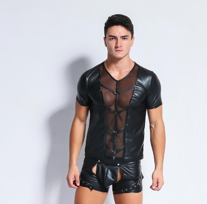 Sexy underwear men's sexy European and American leather stitching shirt vest European and American sexy underwear