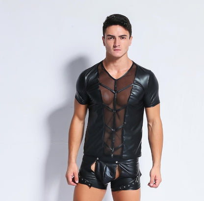 Sexy underwear men's sexy European and American leather stitching shirt vest European and American sexy underwear