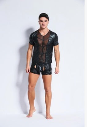 Sexy underwear men's sexy European and American leather stitching shirt vest European and American sexy underwear