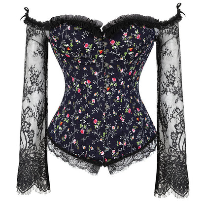 Sexy Lingerie Women Corset Bustier Top Overbust Sexy Nightclub Clothing Steampunk Gothic Lace Long Sleeves Corsets Costume