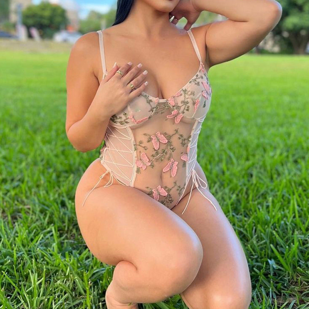 Women's Fashionable See-through Mesh Embroidery Drawstring Jumpsuit