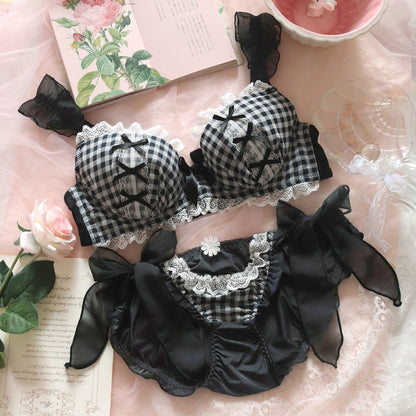 Sweet Lingerie Women's Small Chest Gathered Cute Plaid Bra Set