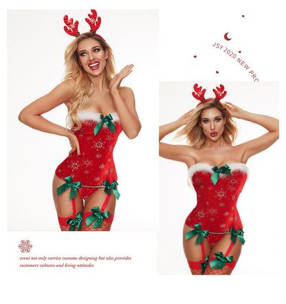 Red Christmas One-piece Sexy Lingerie Elk Headdress Jumpsuit Suit