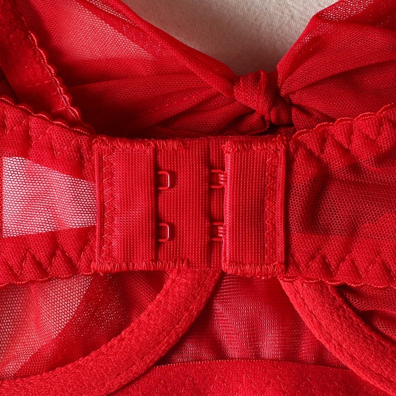 Red Mesh Bra Bow Bandage See-through Sexy Lingerie Set