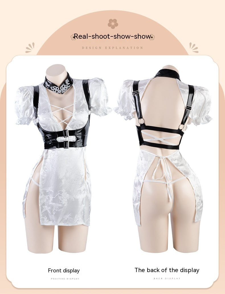 Lingerie Lace-up Hollow High Waist Split Patent Leather Waist Cheongsam Uniform Suit