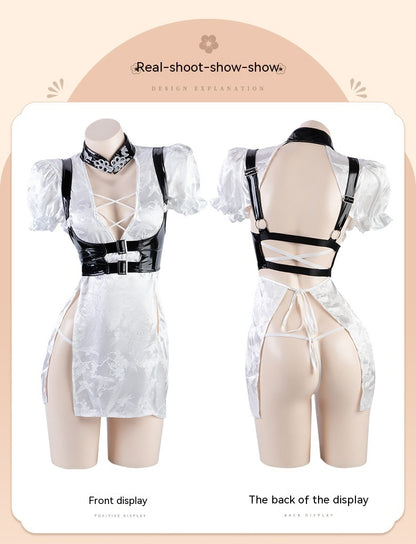 Lingerie Lace-up Hollow High Waist Split Patent Leather Waist Cheongsam Uniform Suit