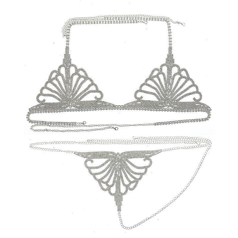 Rhinestone Claw Chain Body Chain Set Sexy Bra Panty Set Lingerie Show