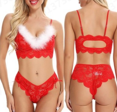 Red Christmas Pajamas Lace Burr Strap Sexy Lingerie