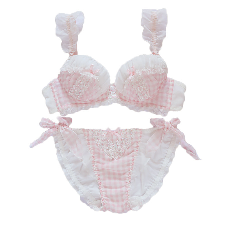 Sweet Lingerie Women's Small Chest Gathered Cute Plaid Bra Set