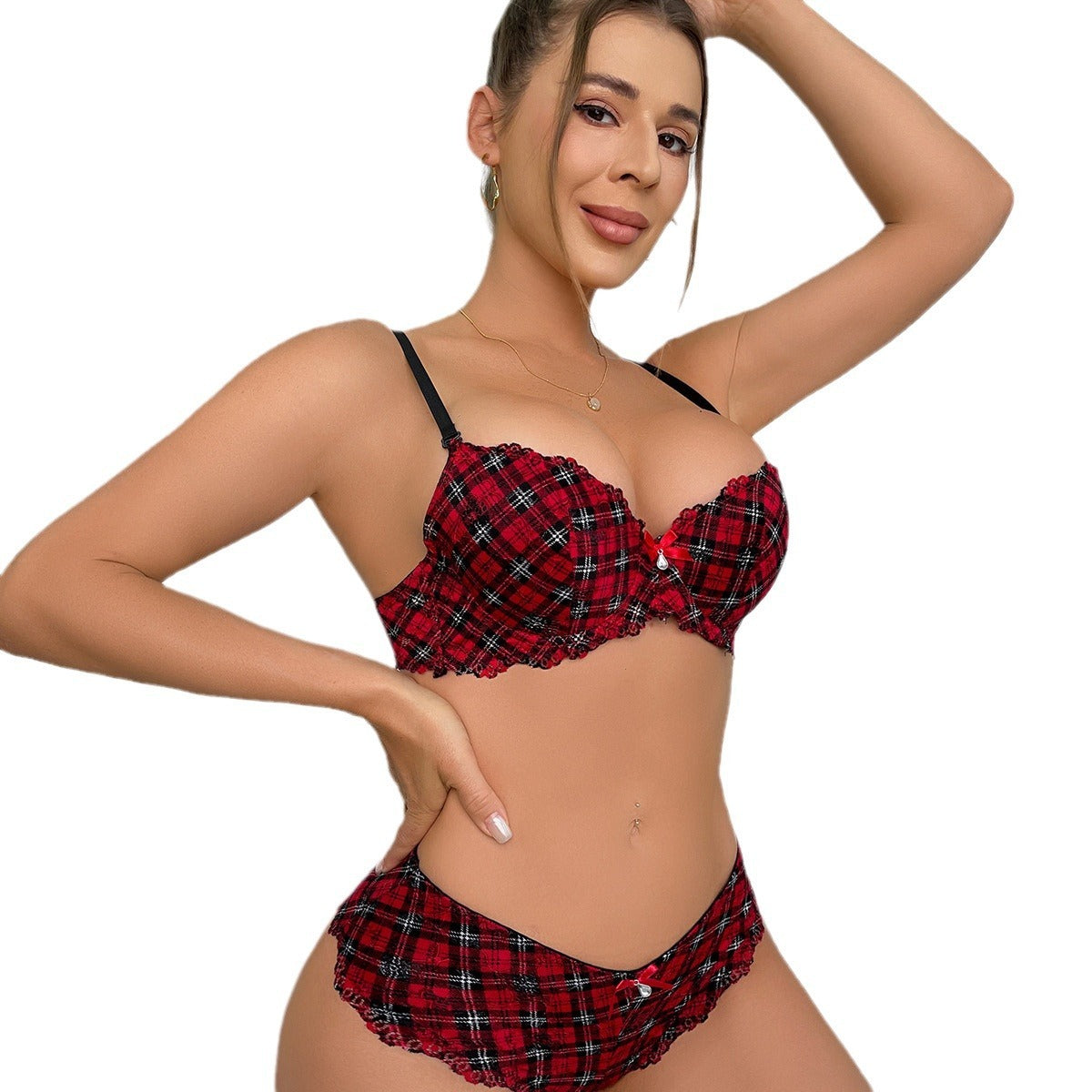 European And American Fashion Underwear Plaid Bra Printing Suit