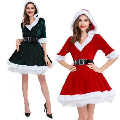 Christmas Winter New Women Dress Long Sleeve V-Neck Plush Decoration Layered Mash Hem Lingerie