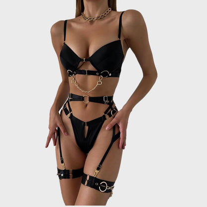 Metal Chain Solid Color Four-piece Set Front Buckle Sexy Lingerie Set