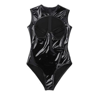 Lingerie Mirror Patent Leather Cutout Bodysuit Large Size