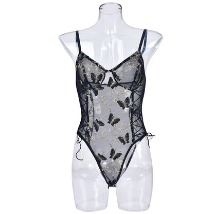 Women's Fashionable See-through Mesh Embroidery Drawstring Jumpsuit
