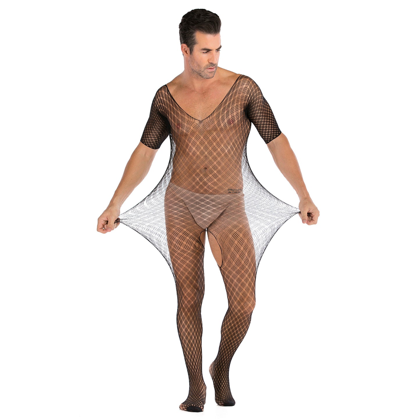 Men's Plus Size One-piece Sexy Net Dress Stockings Sexy Bodysuit