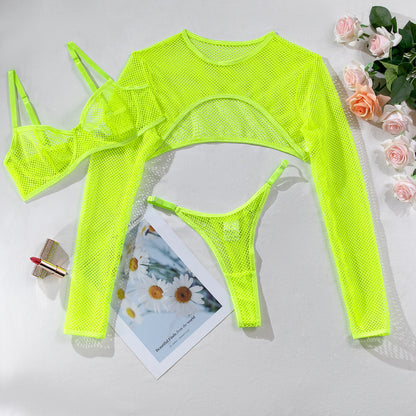 Long Sleeve Blouse Mesh Hollow Sexy Lingerie Three-piece Bra Short Waistcoat Top Suit