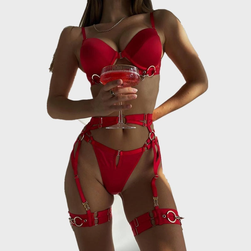 Metal Chain Solid Color Four-piece Set Front Buckle Sexy Lingerie Set