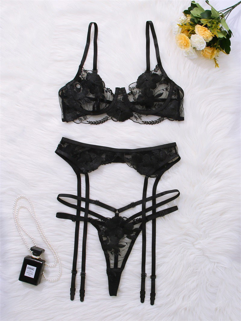 New Embroidered Sexy Lingerie Suit Three-piece Set With Steel Ring