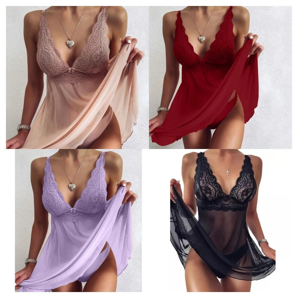 Naughty Sleepwear For Women Sexy Lingerie Lace Low V Chest Transparent Chemise Casual Loungewear Exposed Underwear Erotic Thong