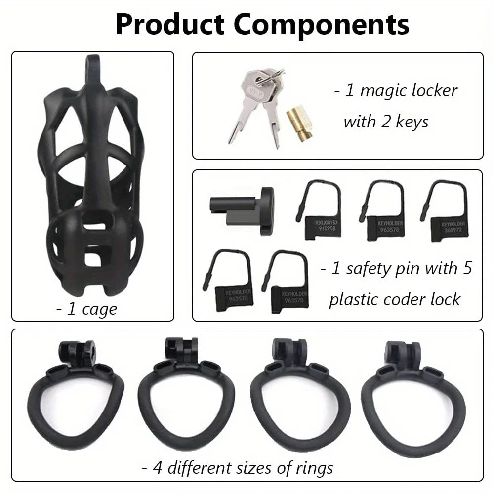 New Color Male Penis Lock Chastity Cage with Lock and 4 Rings Resin Virginity for Men Breathable Cock Ring Penis Fetish Restrain