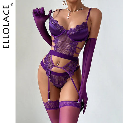 Ellolace Purple Erotic Lingerie Complete Sexy Outfits Sissy G-String Thongs Lace Sex Costume Stockings Fantasy Adult Babydoll