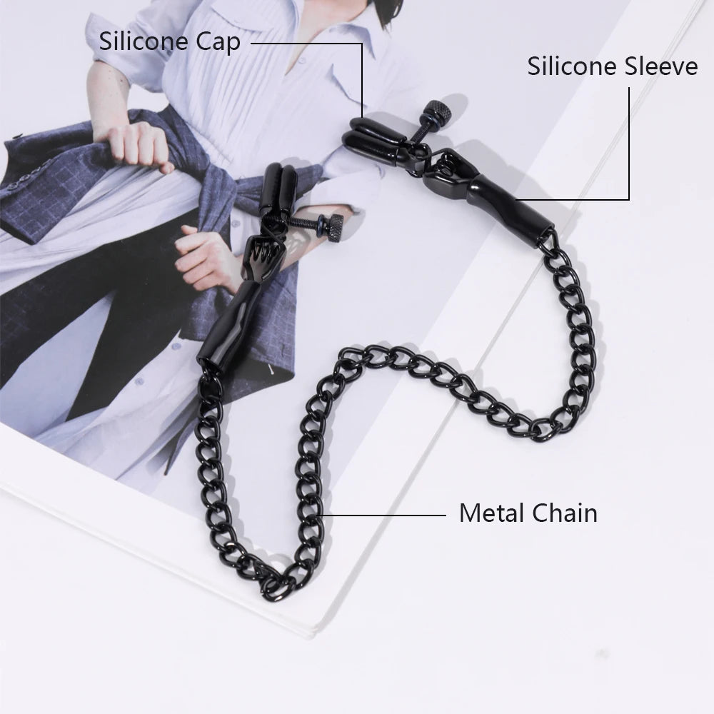 Black Nipple Clamps with Chain Adjustable Metal Breast Clips