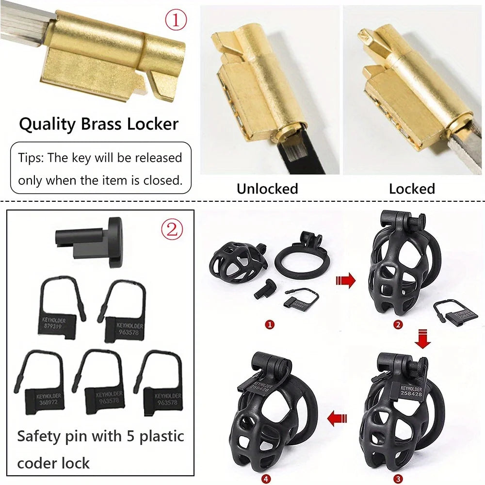 New Color Male Penis Lock Chastity Cage with Lock and 4 Rings Resin Virginity for Men Breathable Cock Ring Penis Fetish Restrain