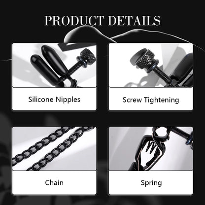 Black Nipple Clamps with Chain Adjustable Metal Breast Clips