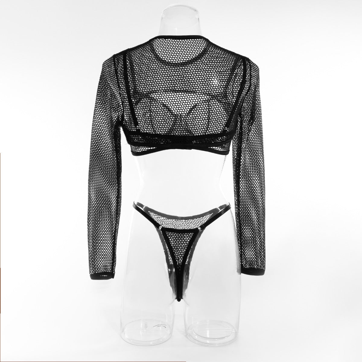 Long Sleeve Blouse Mesh Hollow Sexy Lingerie Three-piece Bra Short Waistcoat Top Suit