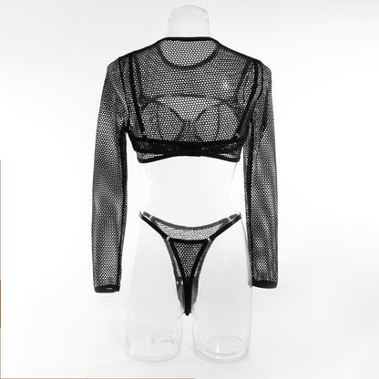 Long Sleeve Blouse Mesh Hollow Sexy Lingerie Three-piece Bra Short Waistcoat Top Suit