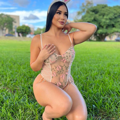 Women's Fashionable See-through Mesh Embroidery Drawstring Jumpsuit