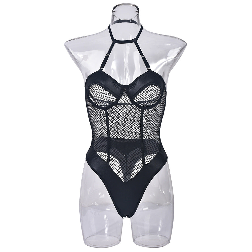 Women's Fashion Simple Fishnet Stitching PU Halter Jumpsuit