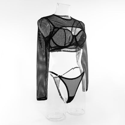 Long Sleeve Blouse Mesh Hollow Sexy Lingerie Three-piece Bra Short Waistcoat Top Suit