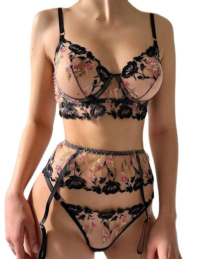 Cross Lace Embroidery Lace Sexy Lingerie Set With Steel Ring