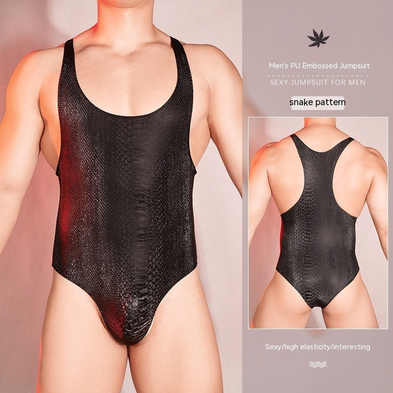 Seductive PU Embossed Sexy Leather Tight Hot Sexy Jumpsuit